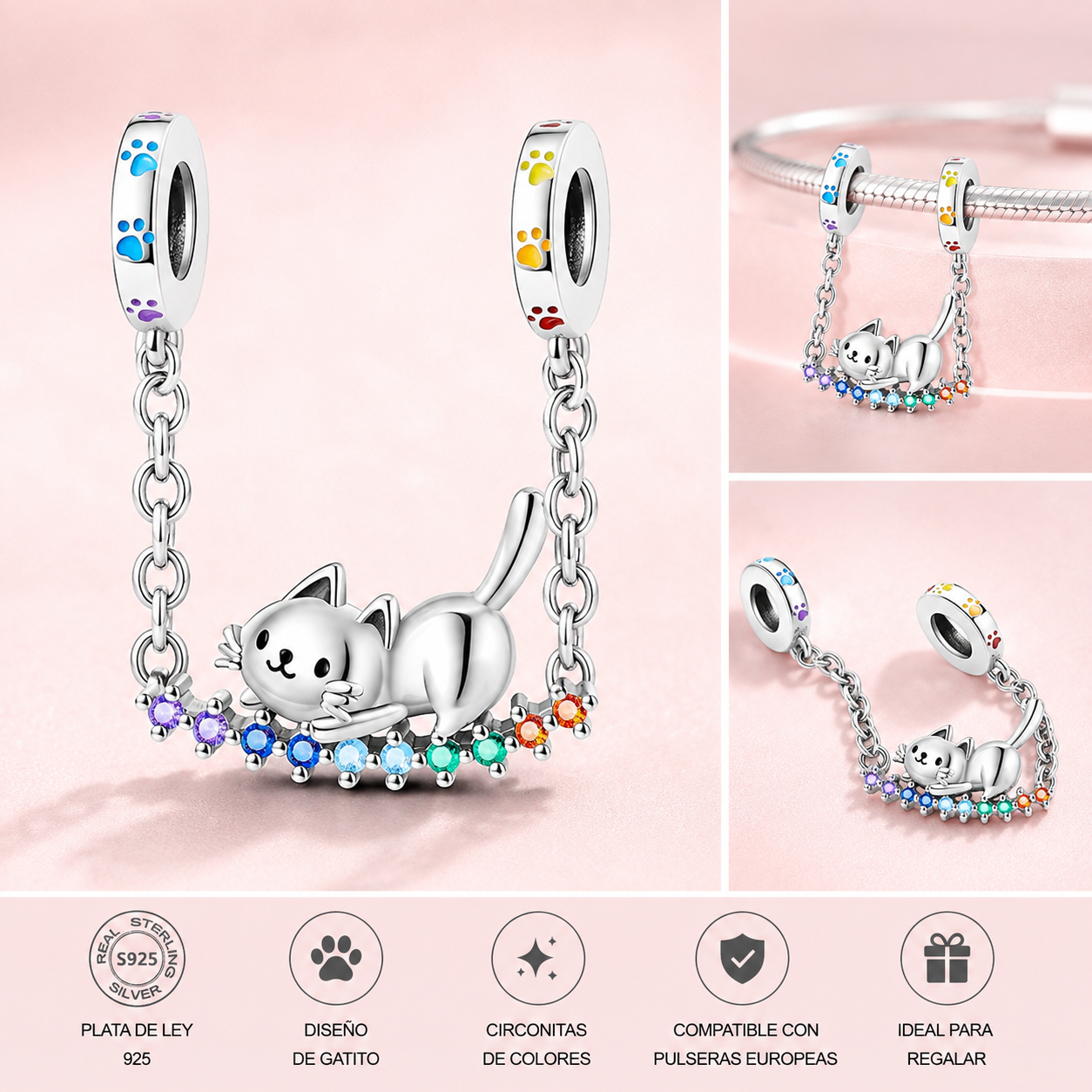 Charm de Plata de Ley 925 con Cadena de Gatito