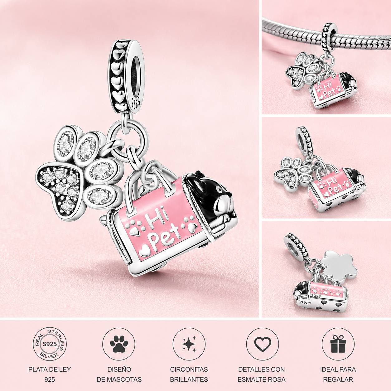Charm de Plata de Ley 925 Huella y Bolso “Hi Pet”