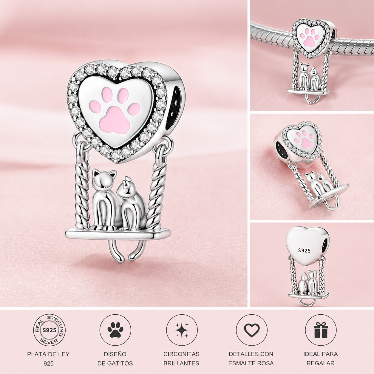 Charm de Plata de Ley 925 Columpio de Gatos con Huella