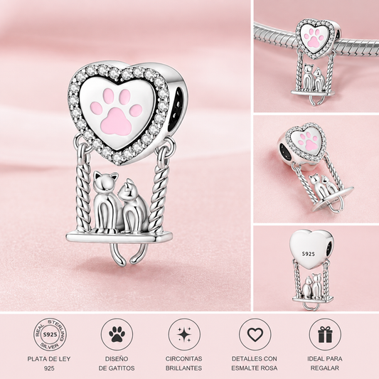 Charm de Plata de Ley 925 Columpio de Gatos con Huella