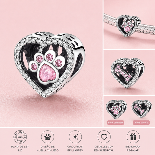 Charm de Plata de Ley 925 Corazón Huella y Hueso