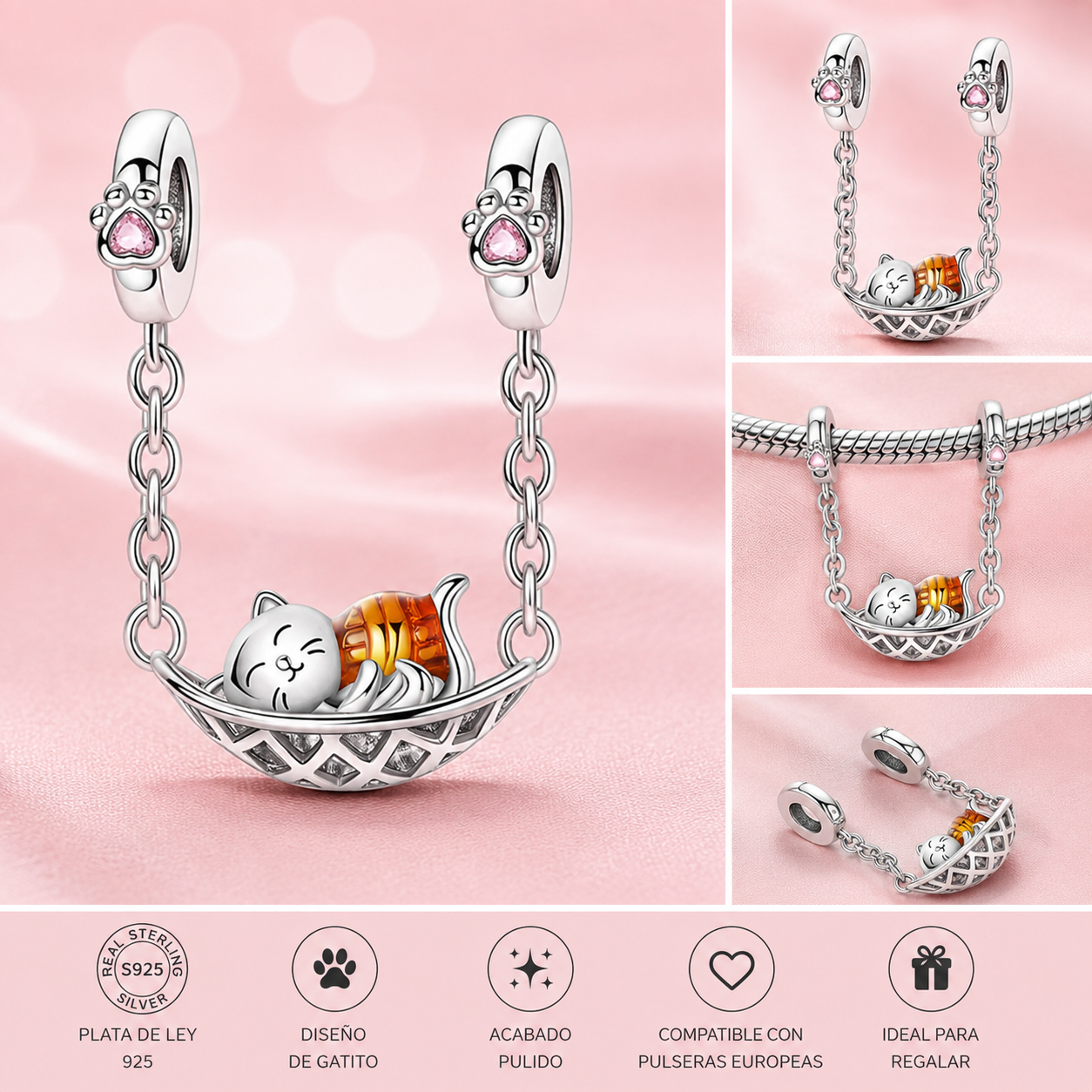 Charm de Plata de Ley 925 Gatito Durmiendo en Hamaca