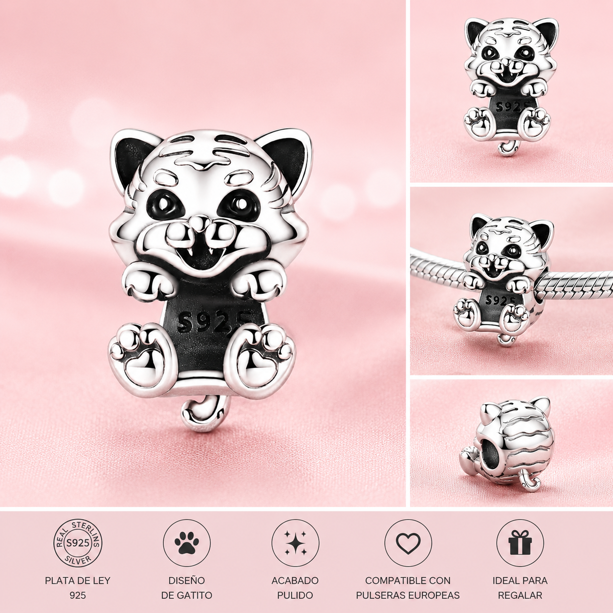 Charm de Plata de Ley 925 Gatito Travieso