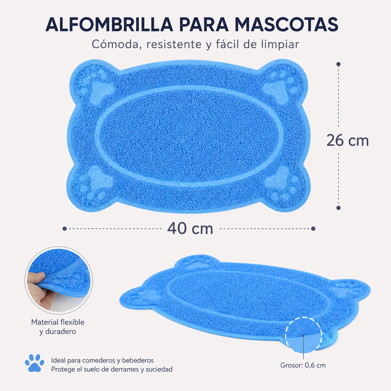 Alfombrilla para Comedero y Bebedero de Mascotas 40 × 26 cm- Azul
