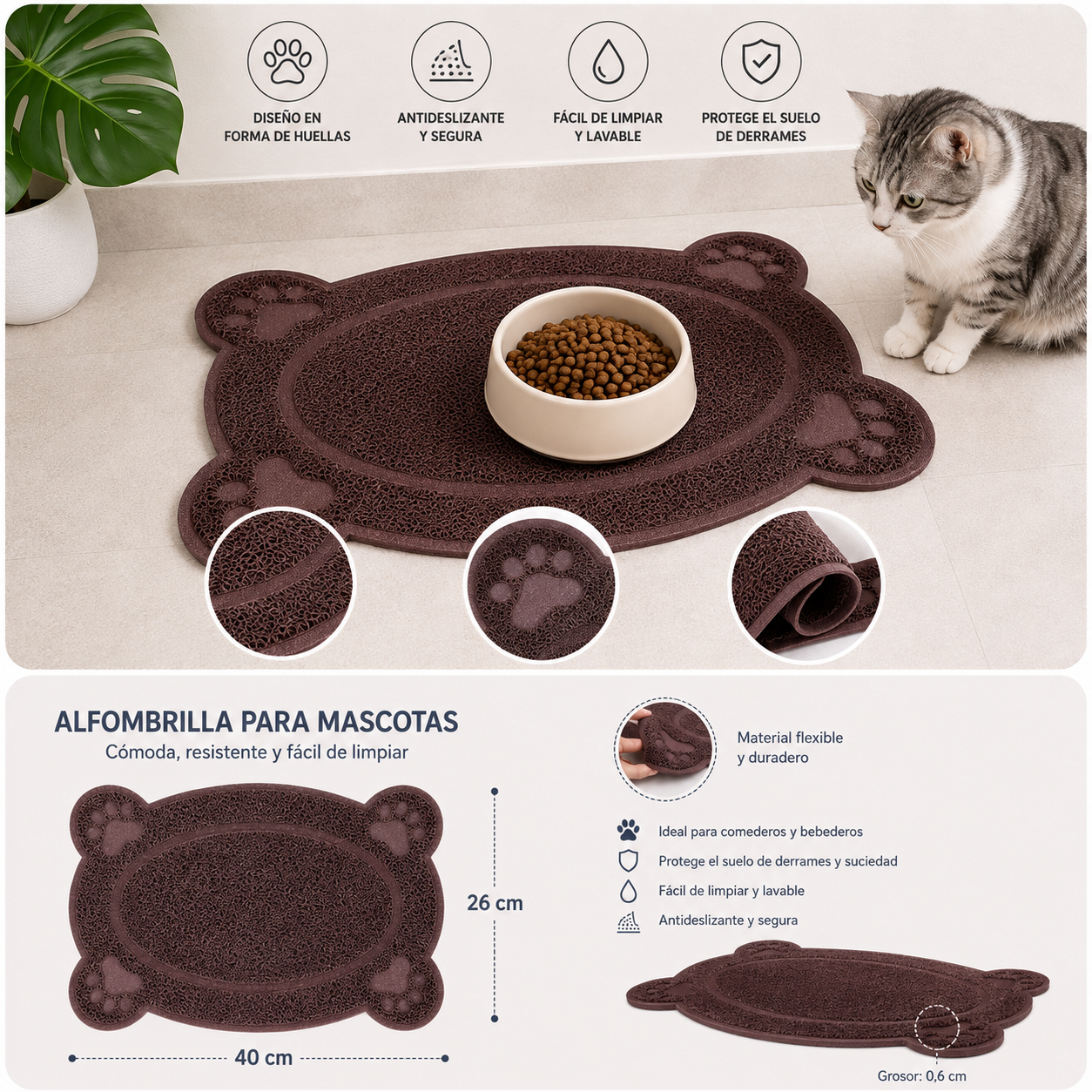 Alfombrilla para Comedero y Bebedero de Mascotas 40 × 26 cm- Marrón