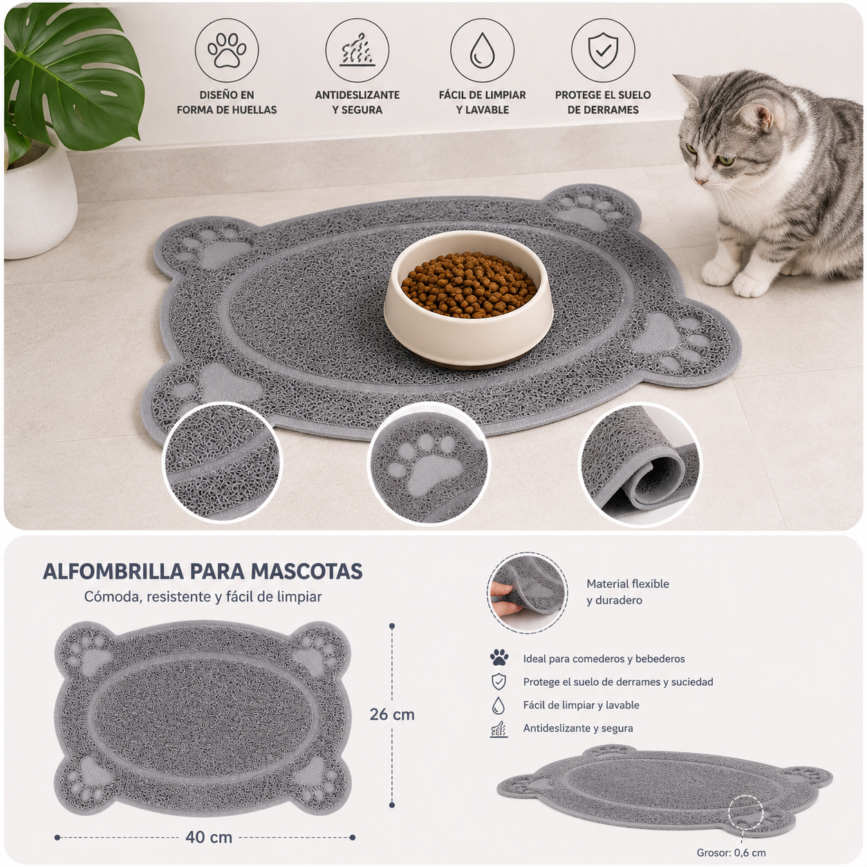 Alfombrilla para Comedero y Bebedero de Mascotas 40 × 26 cm- Gris