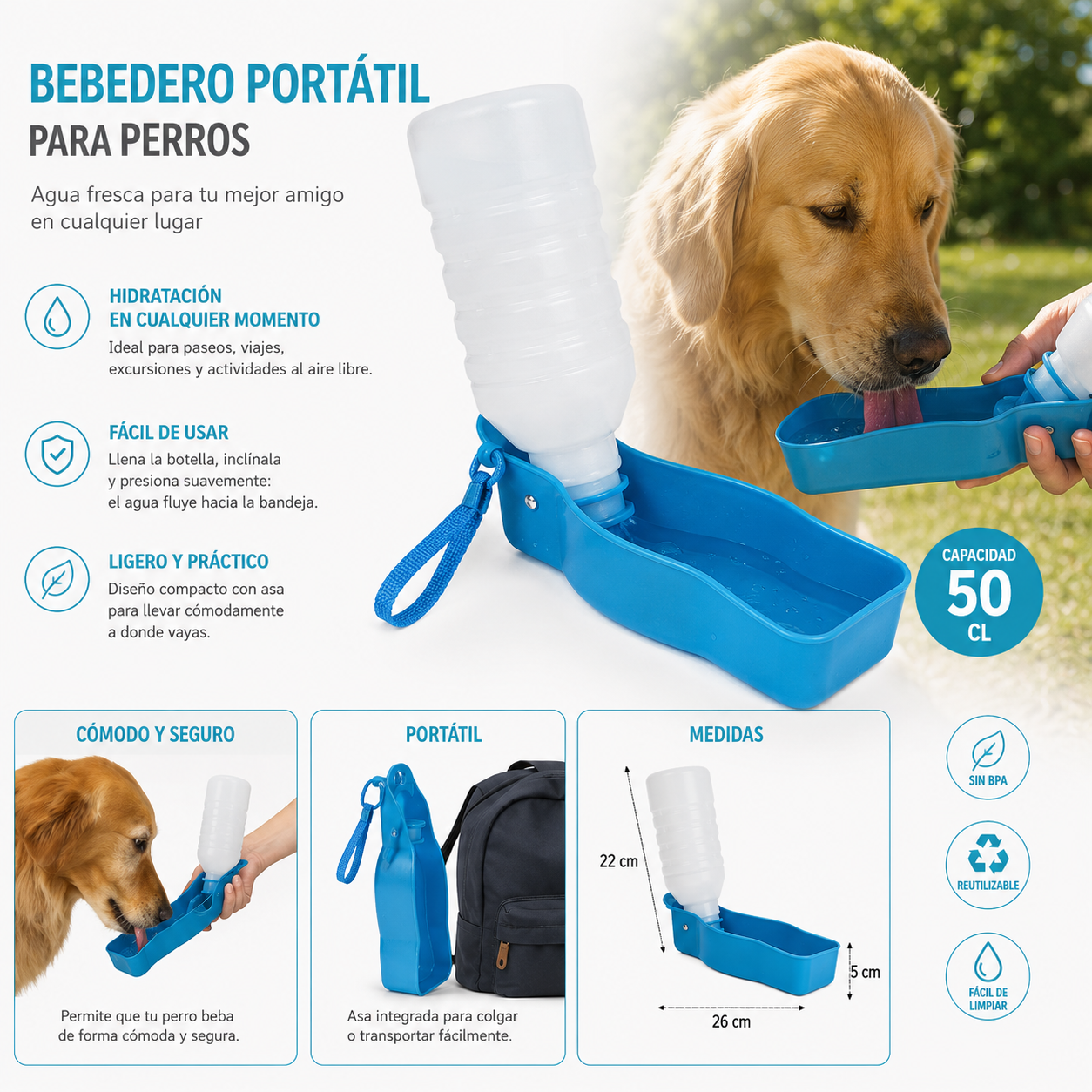 Bebedero Portátil para Perros 500 ml- Azul