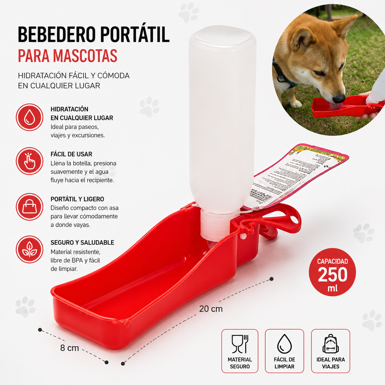 Bebedero Portátil para Perros 250 ml- Rojo