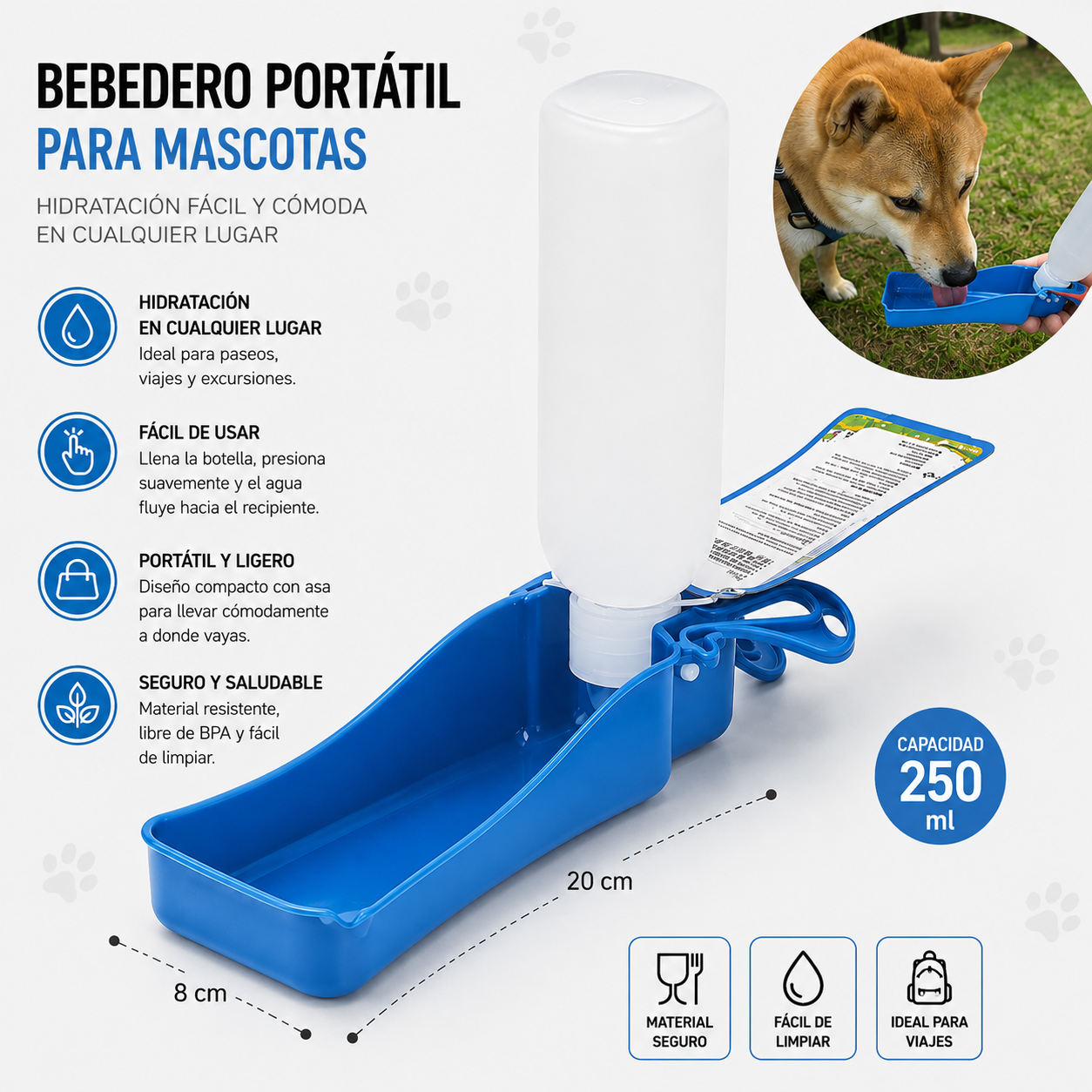 Bebedero Portátil para Perros 250 ml- Azul