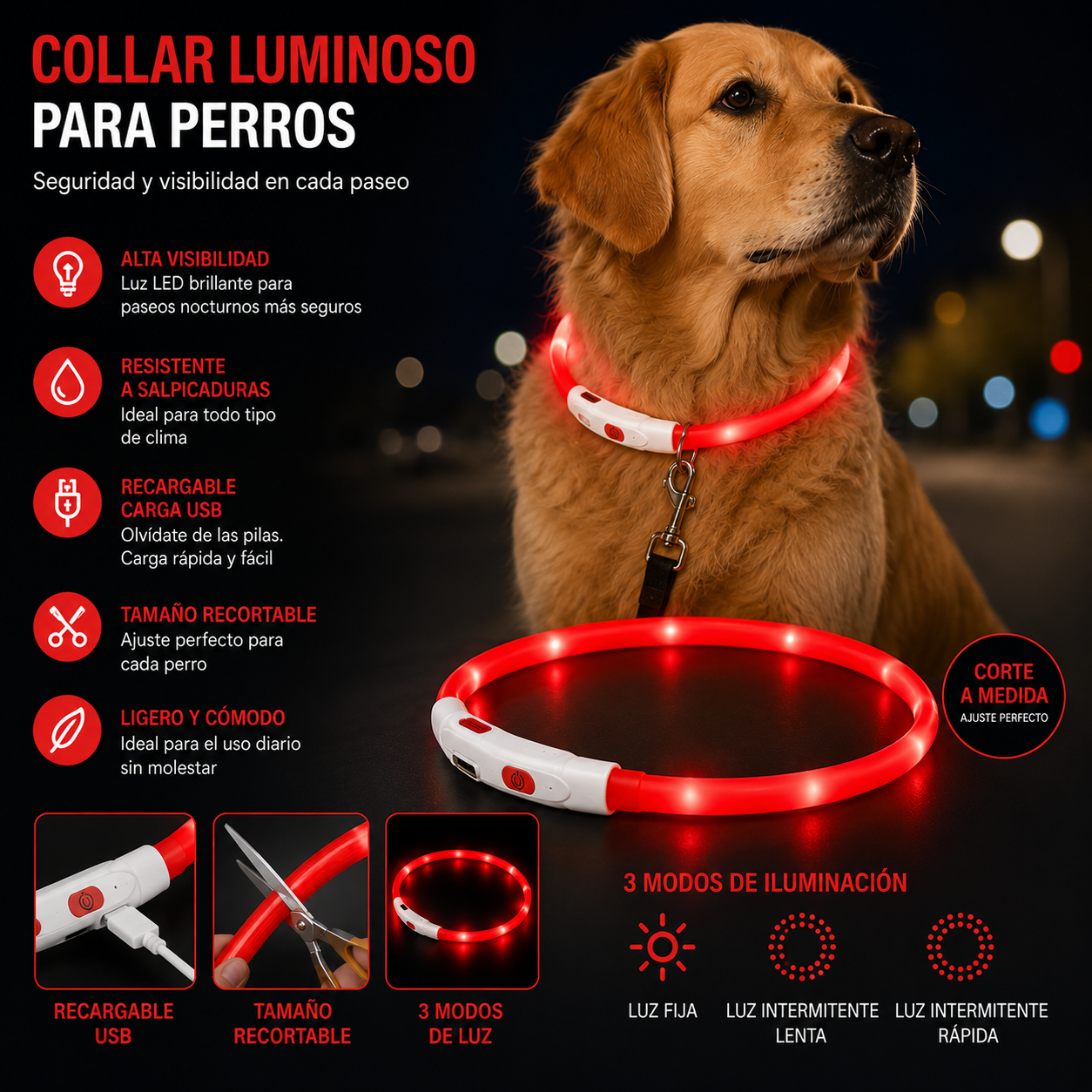 Collar Luminoso LED Recortable para Perros- Rojo