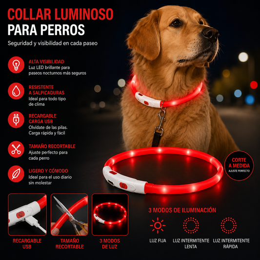 Collar Luminoso LED Recortable para Perros- Rojo