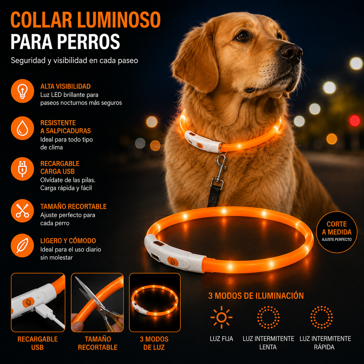 Collar Luminoso LED Recortable para Perros- Naranja