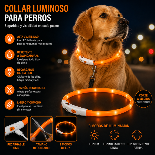 Collar Luminoso LED Recortable para Perros- Naranja
