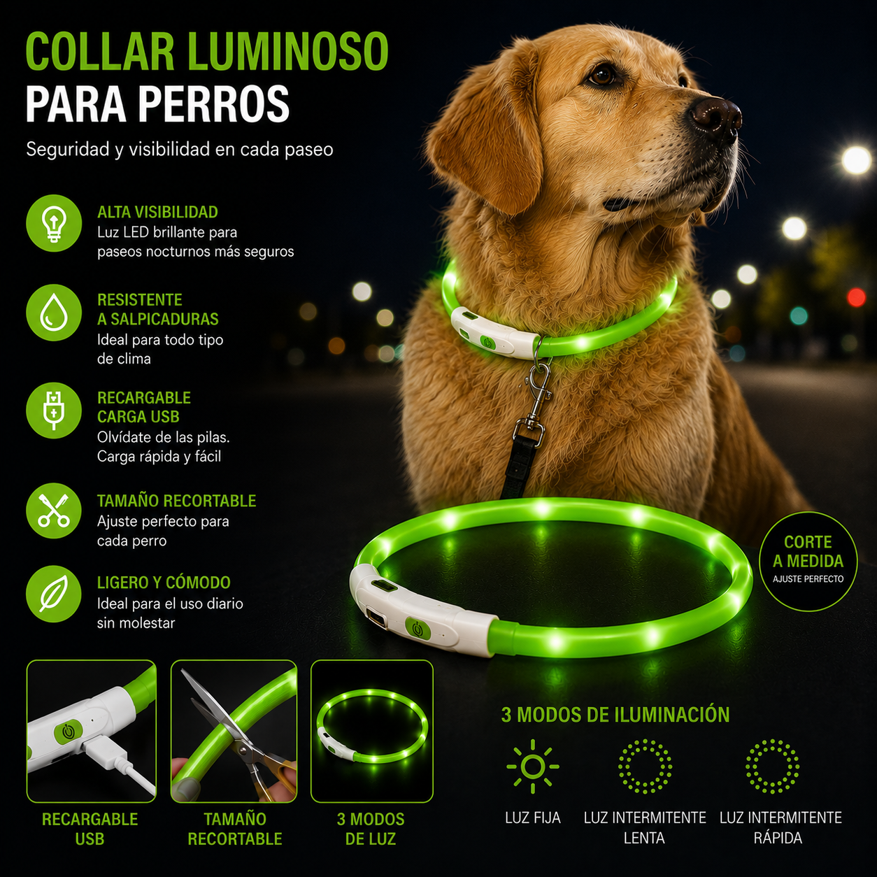 Collar Luminoso LED Recortable para Perros- Verde