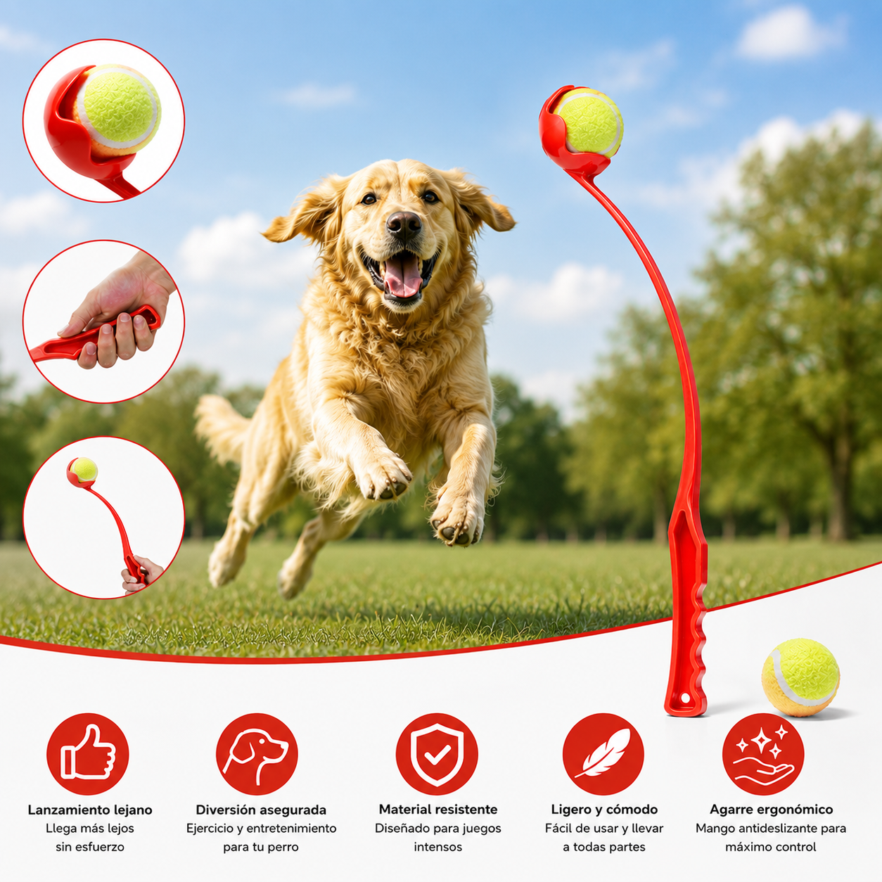 Lanzador de Pelotas para Perros con Pelota- Rojo. 35 cm