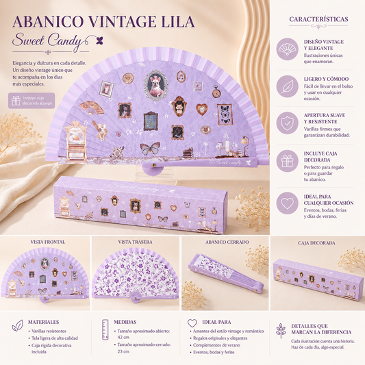 Abanico Vintage Morado Sweet Candy con Caja