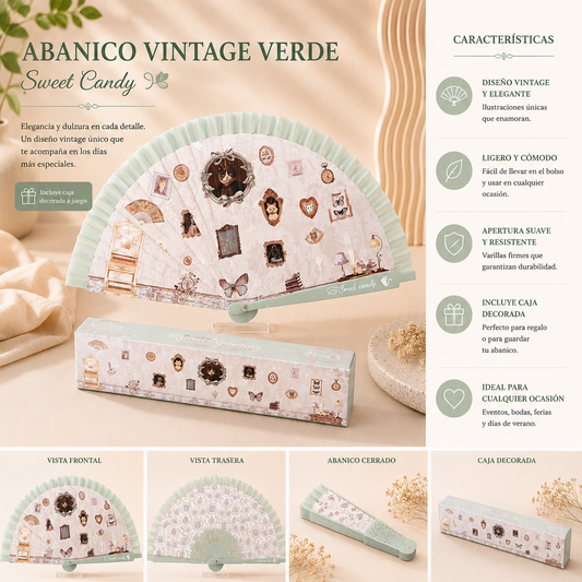 Abanico Vintage Verde Sweet Candy con Caja