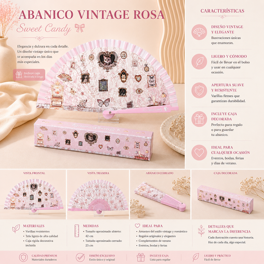 Abanico Vintage Rosa Sweet Candy con Caja