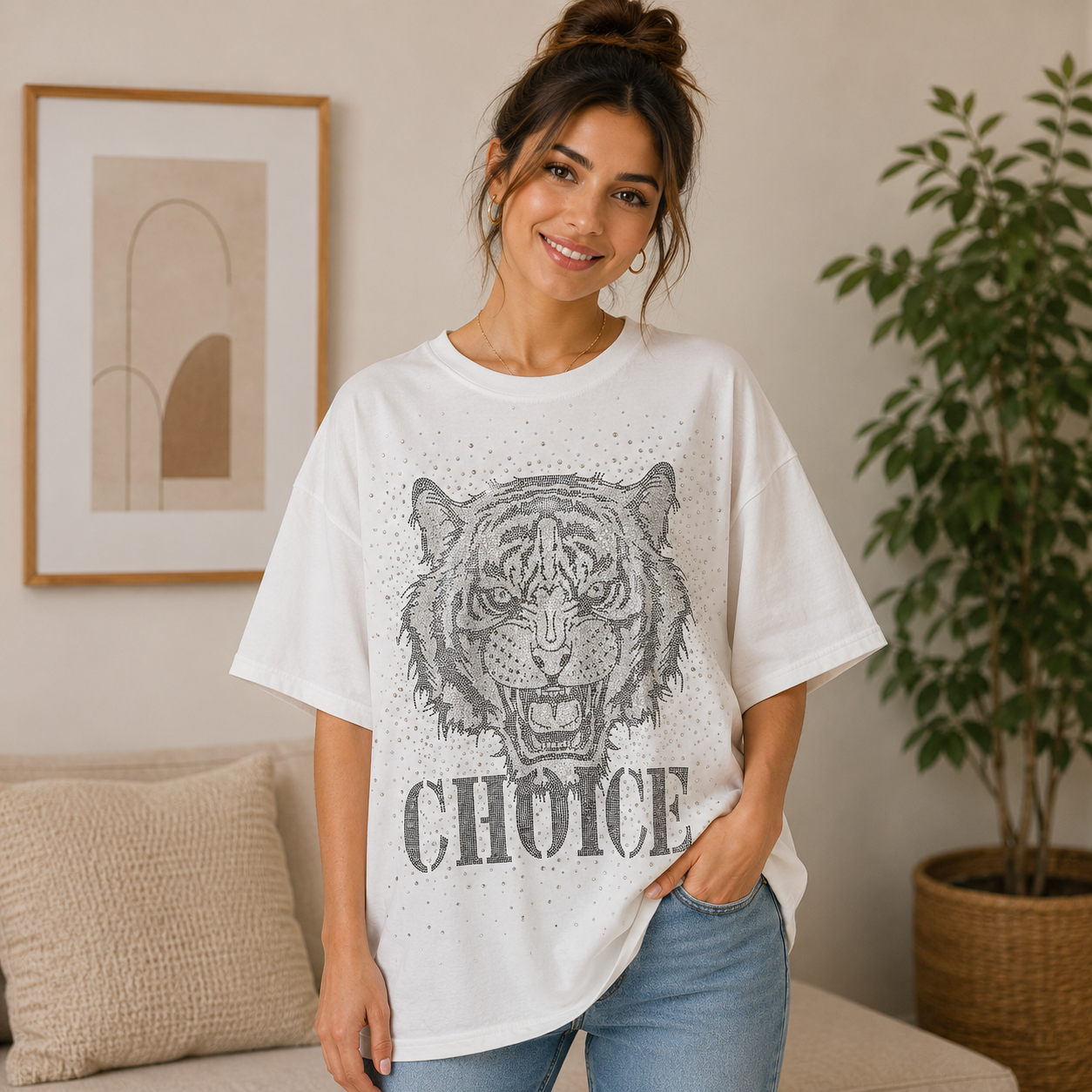 Camiseta Oversize Blanca Tigre &amp; Alas con Strass