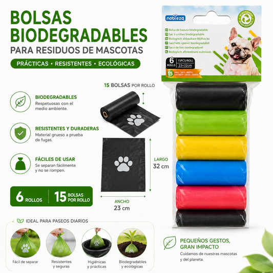 Bolsas Biodegradables para Excrementos de Perro – 6 Rollos (90 bolsas)