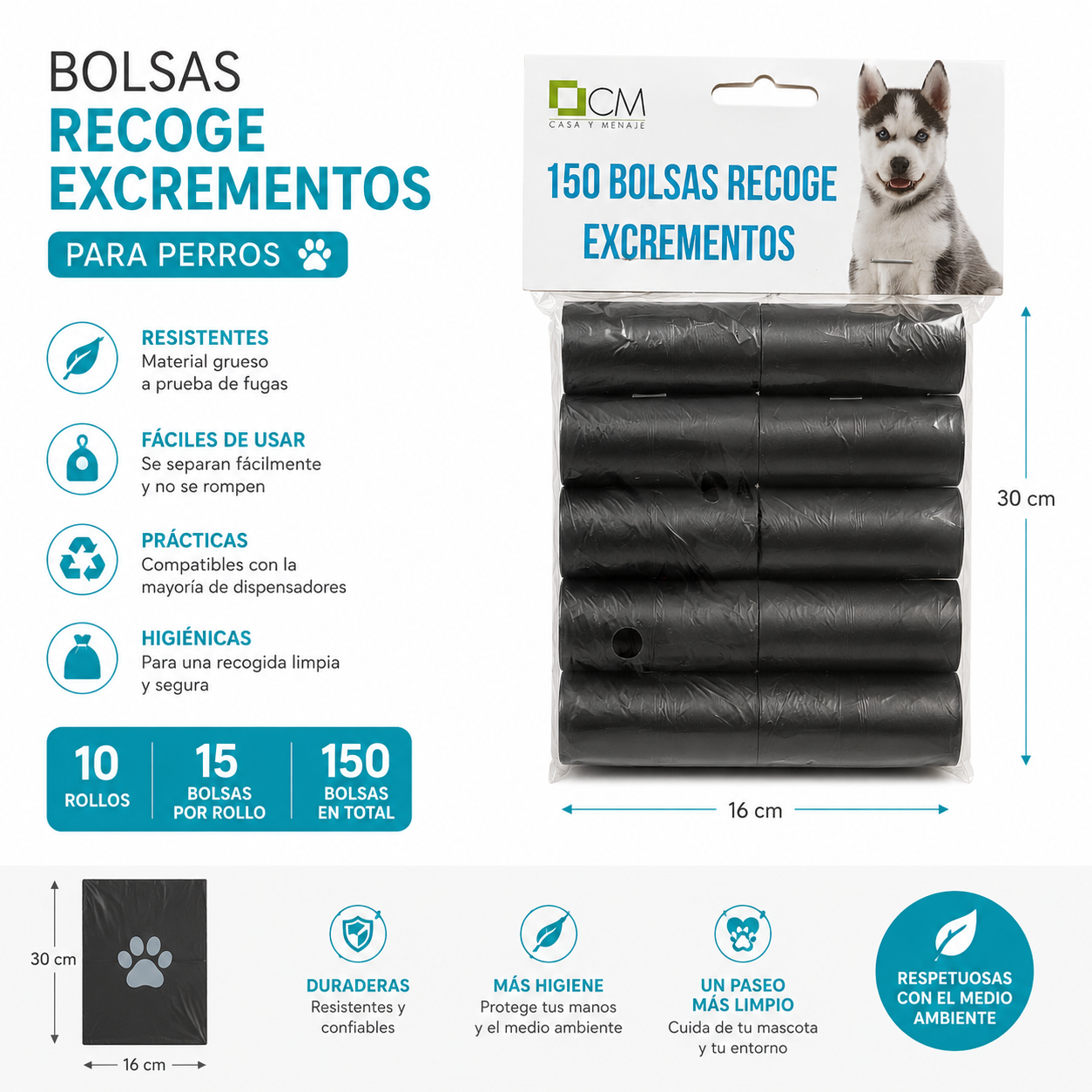 Bolsas Biodegradables para Excrementos de Perro – 10 Rollos (150 bolsas)
