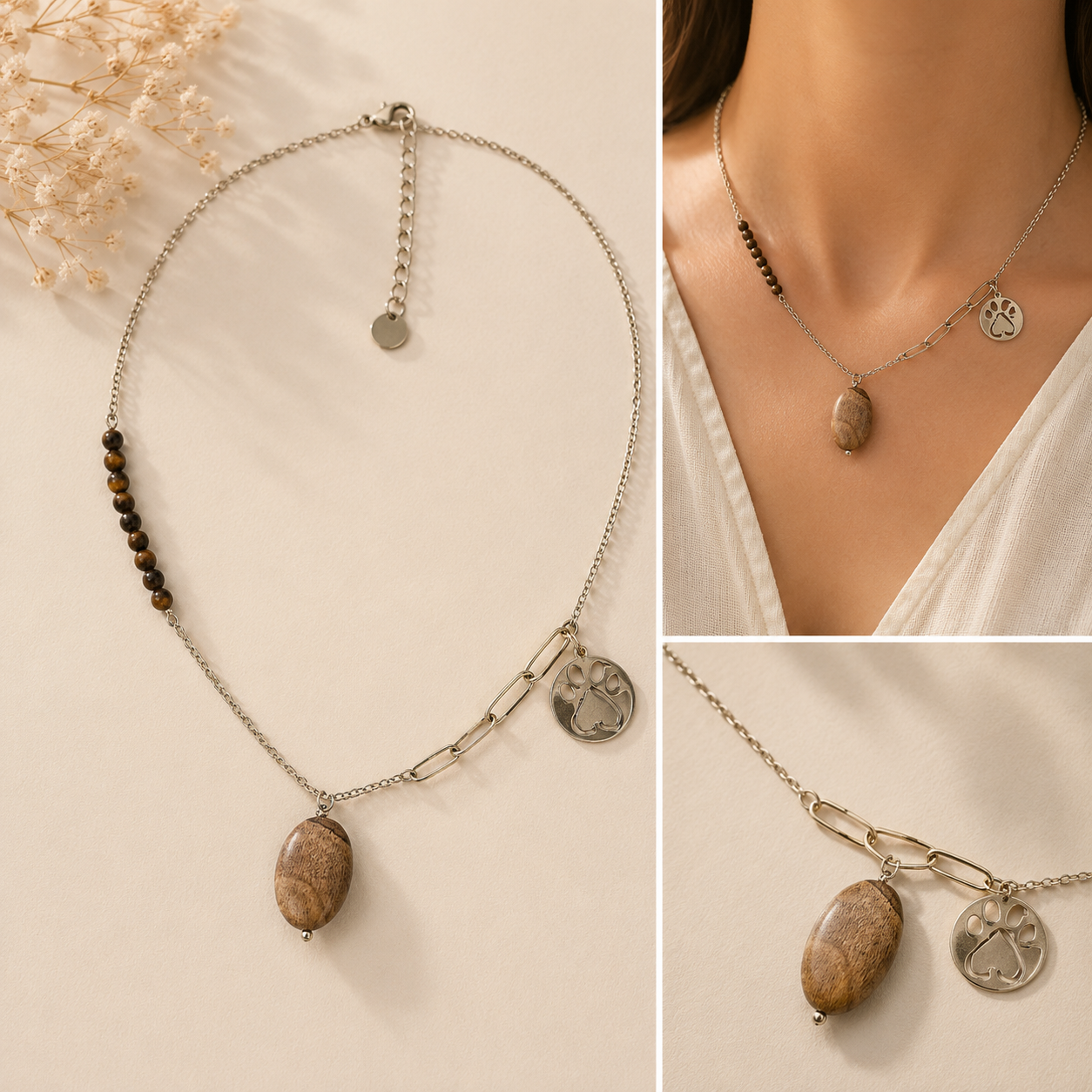 Collar Acero Inoxidable Huella y Piedra Natural Marrón Plateado