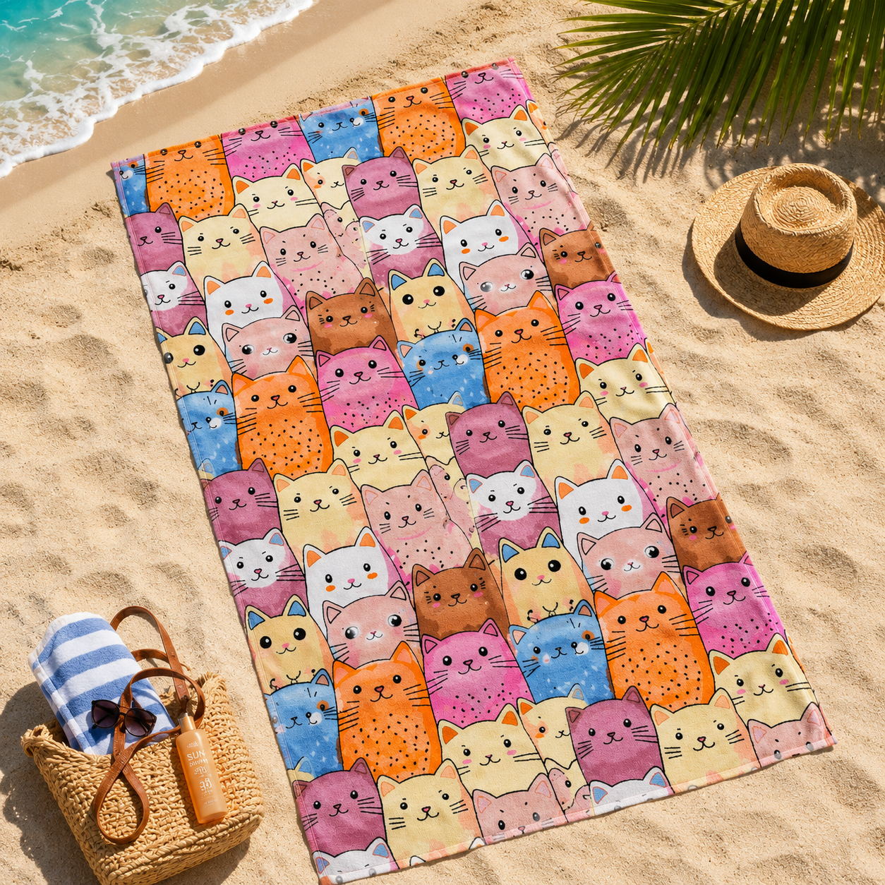 Toalla de playa de microfibra 1 con estampado de gatos de colores 90 x 170 cm.