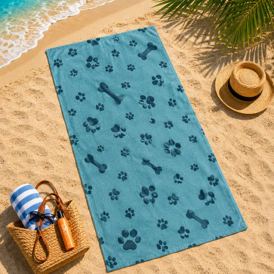 Toalla de playa de microfibra con huellas y huesos para perros 90 x 170 cm- Verde