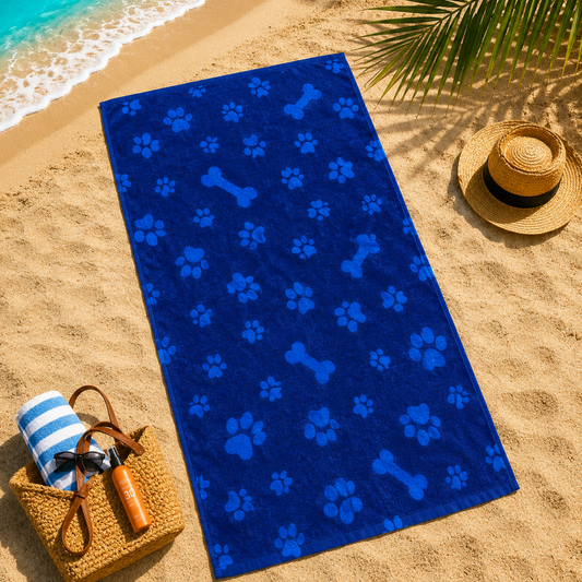 Toalla de playa de microfibra con huellas y huesos para perros 90 x 170 cm- Azul