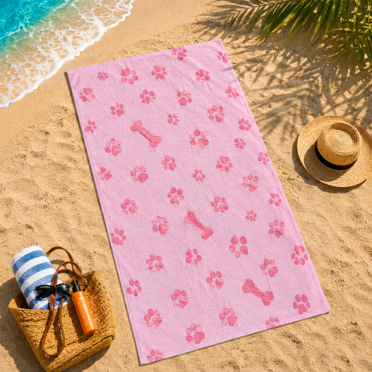Toalla de playa de microfibra con huellas y huesos para perros 90 x 170 cm- Rosa