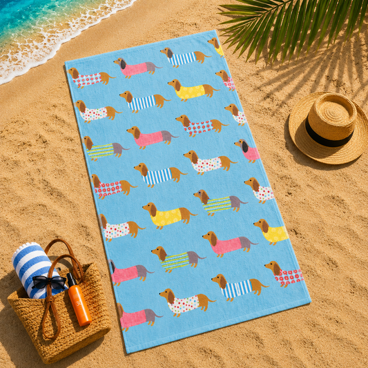 Toalla de playa de microfibra con perros salchicha 90 x 170 cm- Azul claro