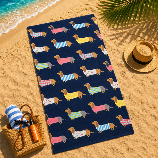 Toalla de playa de microfibra con perros salchicha 90 x 170 cm- Azul marino