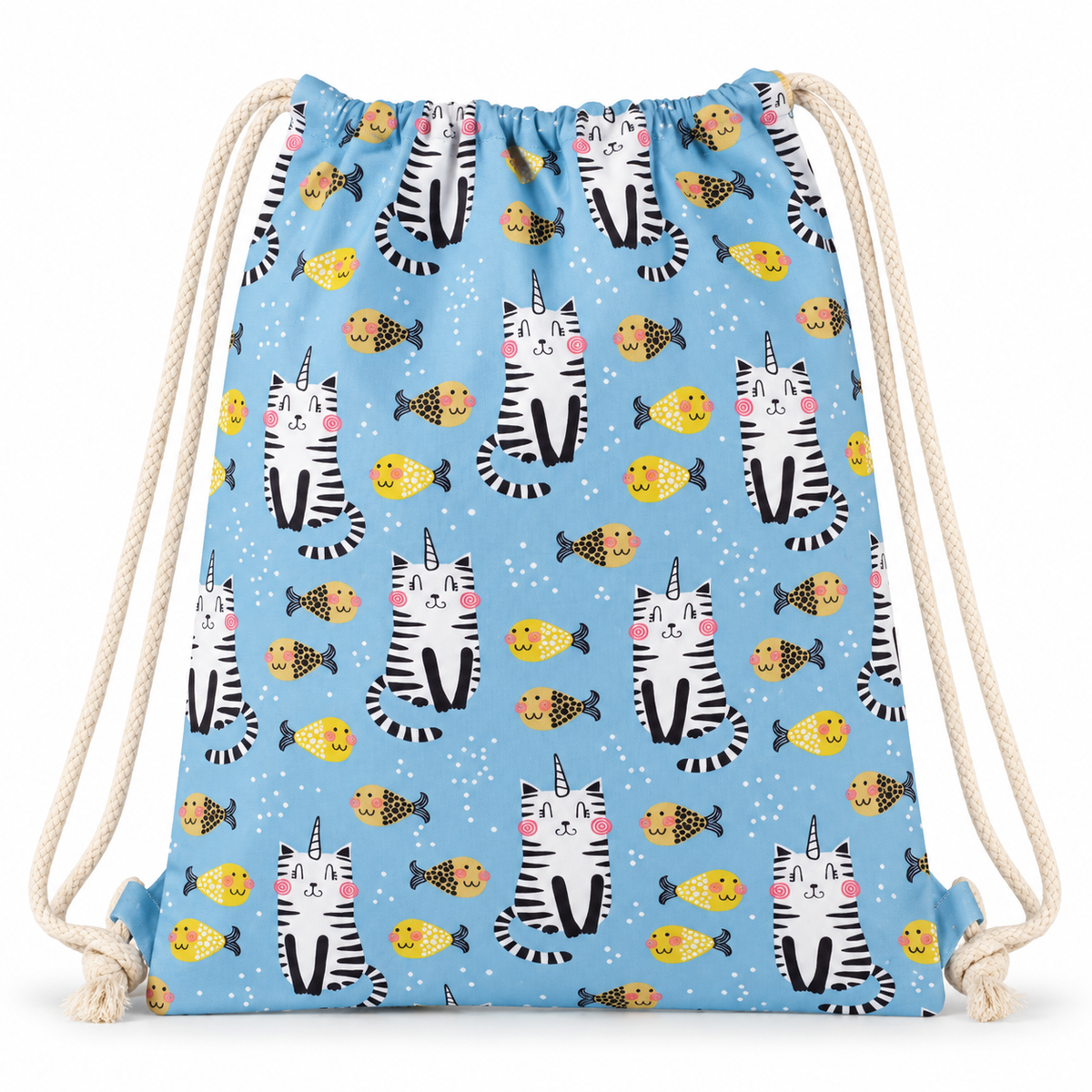 Mochila Saco con Estampado de Gatos y Peces Azul