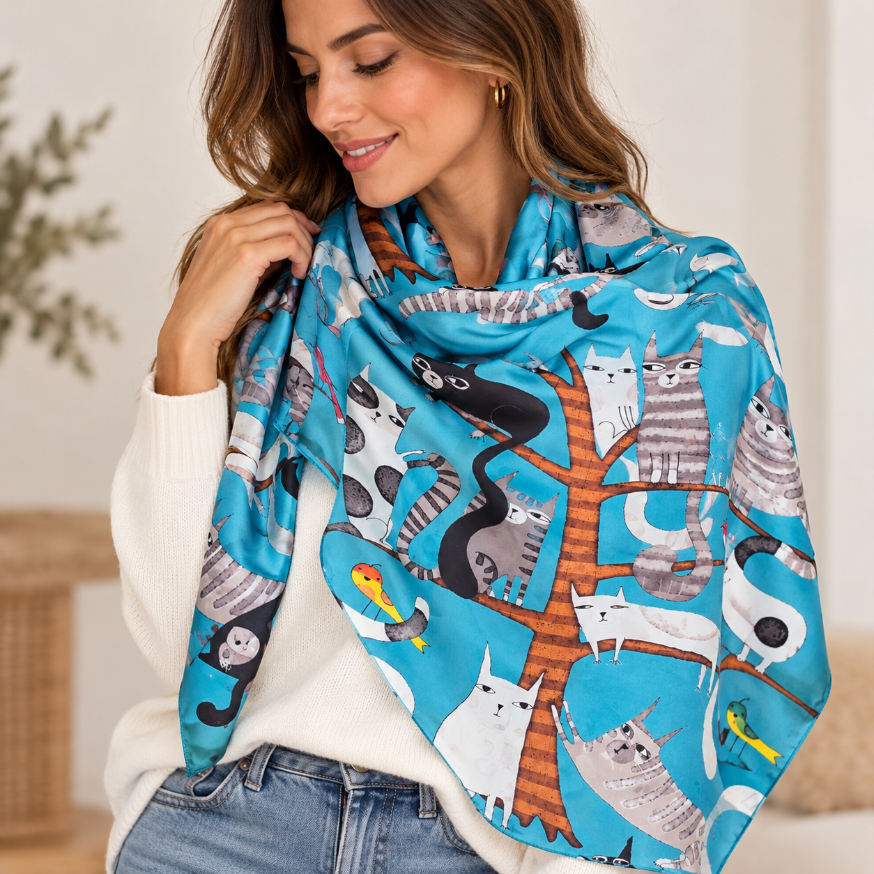 Foulard de Seda Estampado de Gatos Azul Turquesa