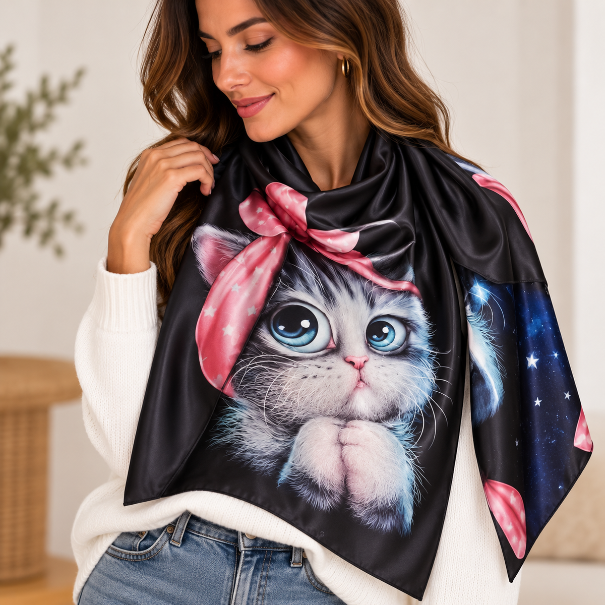 Foulard de Seda con Gatito y Lazo Rosa