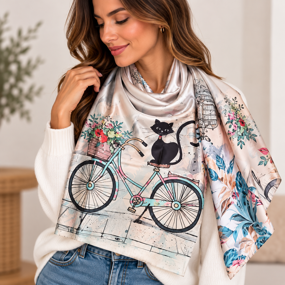 Foulard de Seda Gato en Bicicleta