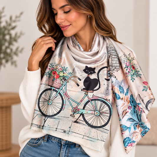Foulard de Seda Gato en Bicicleta