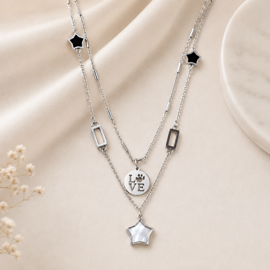 Collar de acero inoxidable de doble cadena con estrellas, huella LOVE y nácar