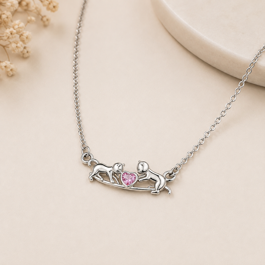 Collar de Plata de Ley con Gatitos y Corazón Rosa