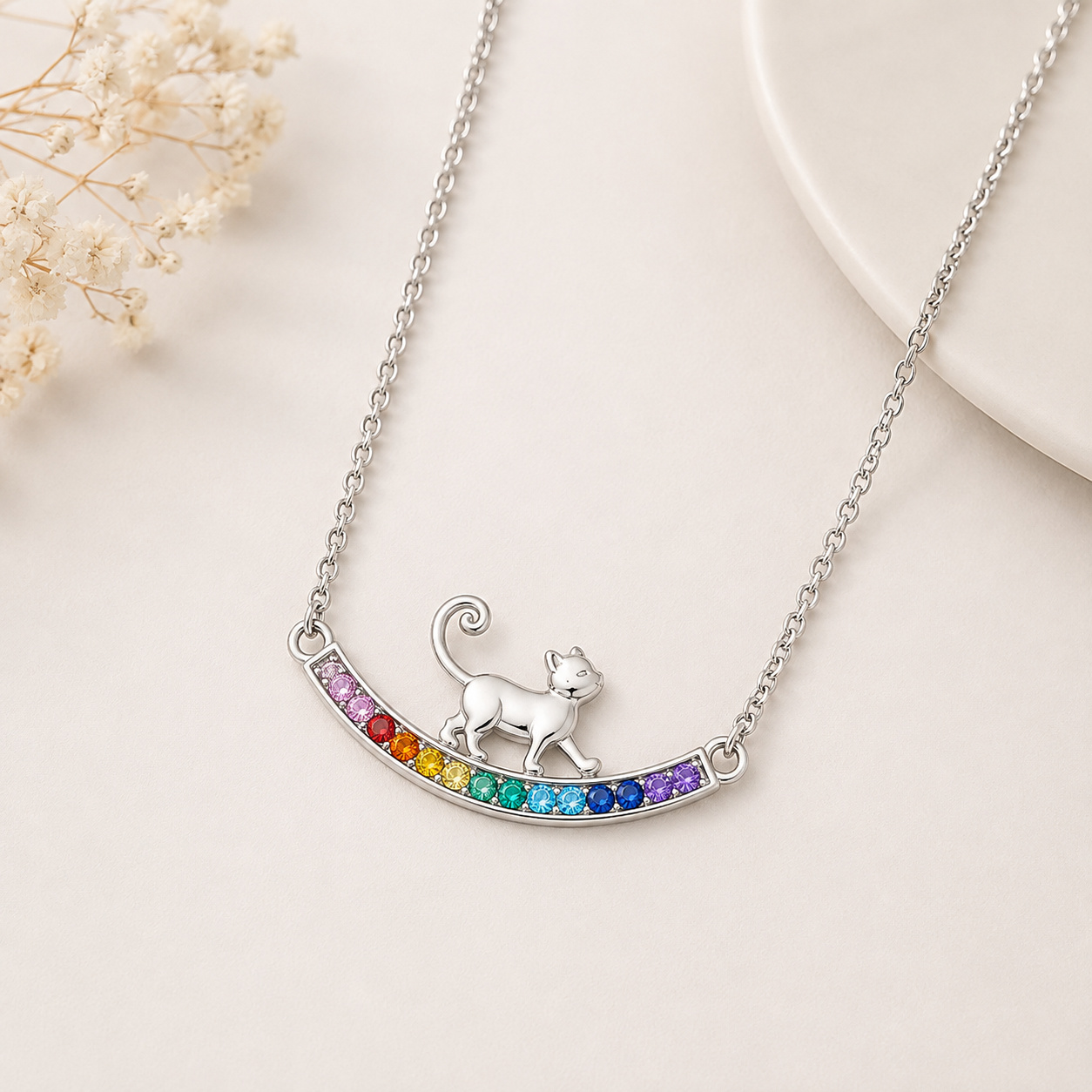 Collar de Plata de Ley con Gatito y Cristales Multicolor