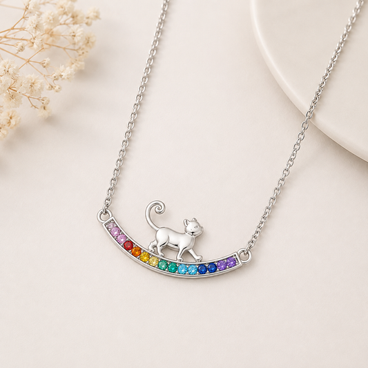 Collar de Plata de Ley con Gatito y Cristales Multicolor