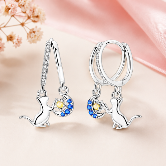 Pendientes de Plata de Ley Gatito Luna y Estrella