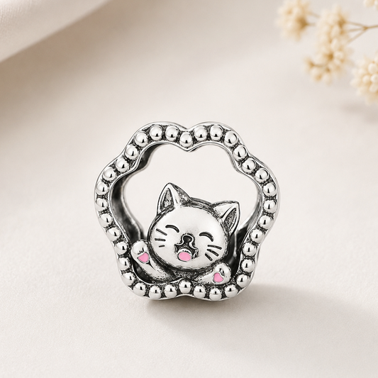 Abalorio Huella Rosa &amp; Gatito Plata de Ley 925 🐾🐱✨