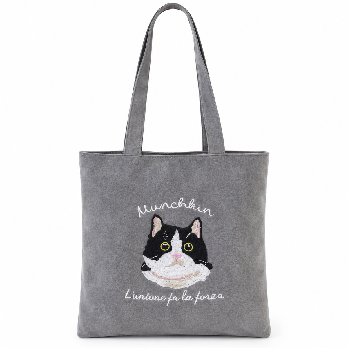 Bolso de Hombro con Bordado de Gato- Gris