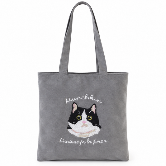 Bolso de Hombro con Bordado de Gato- Gris