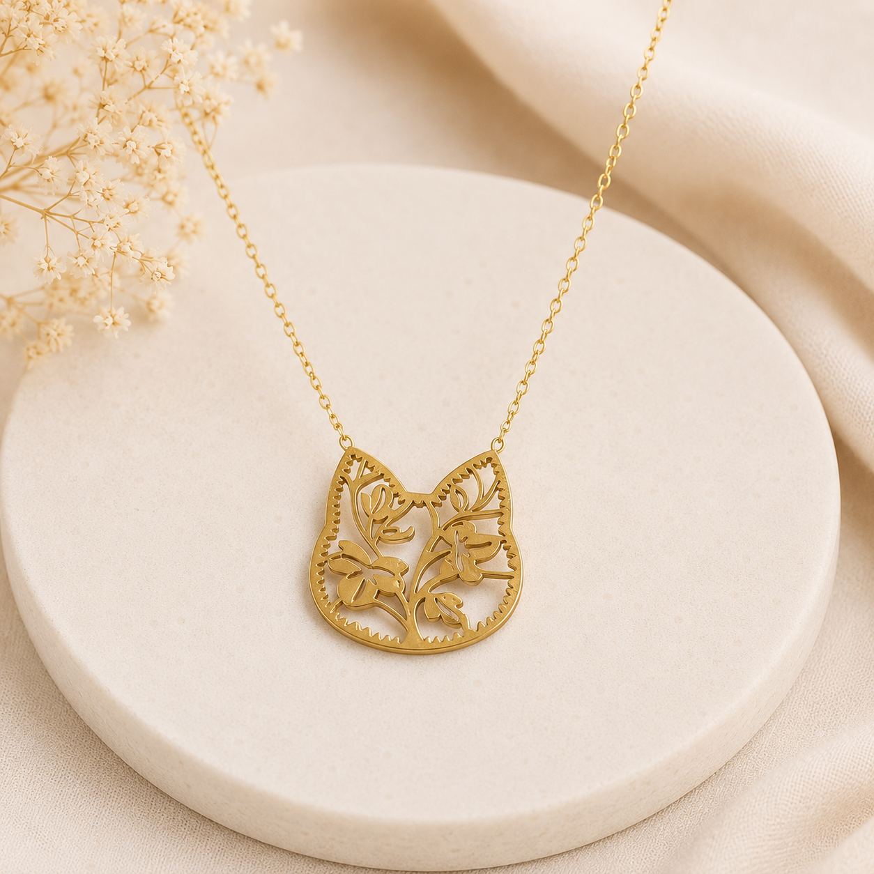 Collar de acero inoxidable Silueta Floral de Gato