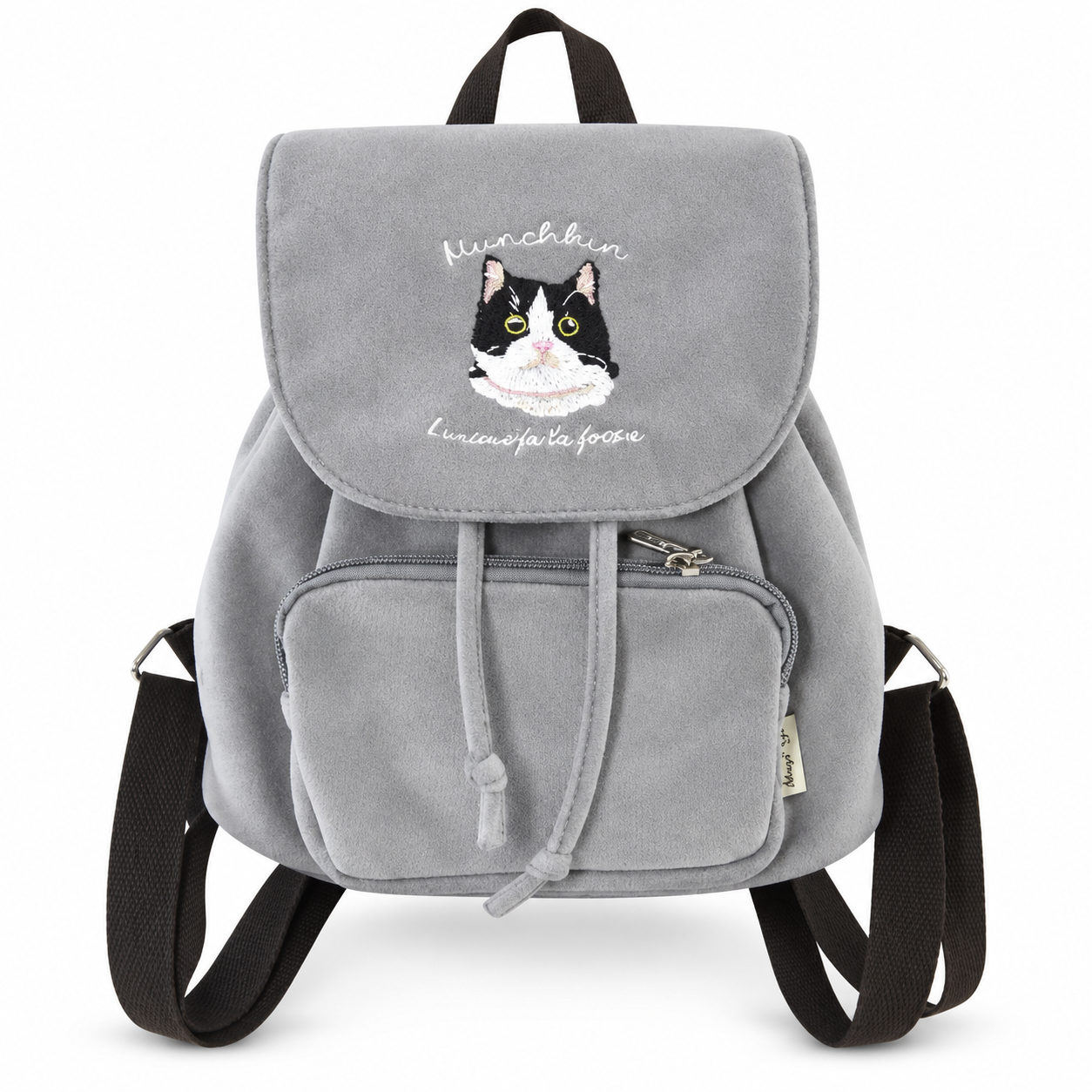 Mochila pequeña con bordado de gato- Gris