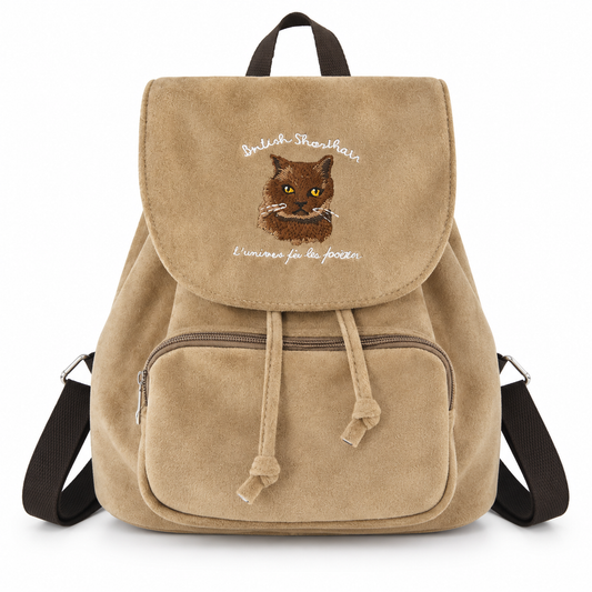 Mochila pequeña con bordado de gato- Beige