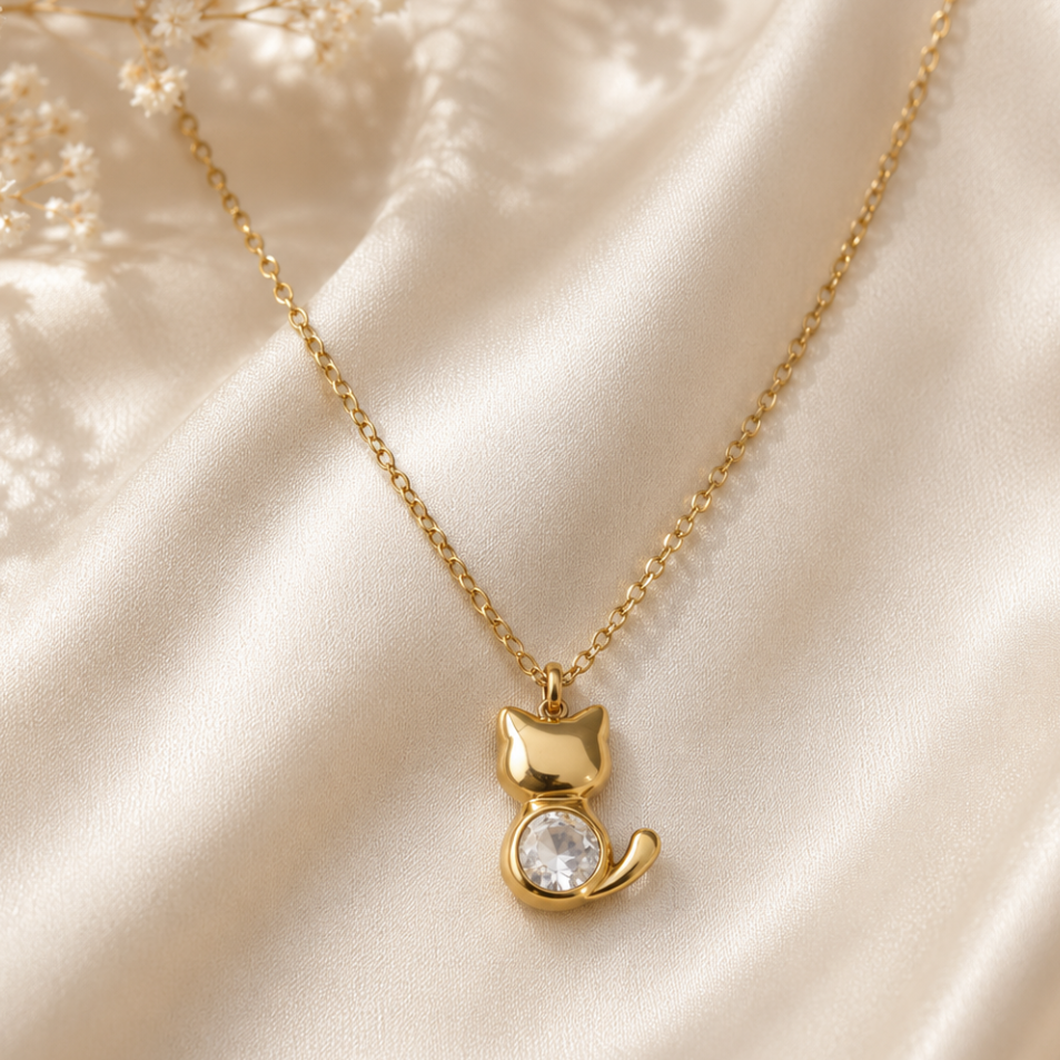 Collar Acero inoxidable Dorado Gatito con Circonita