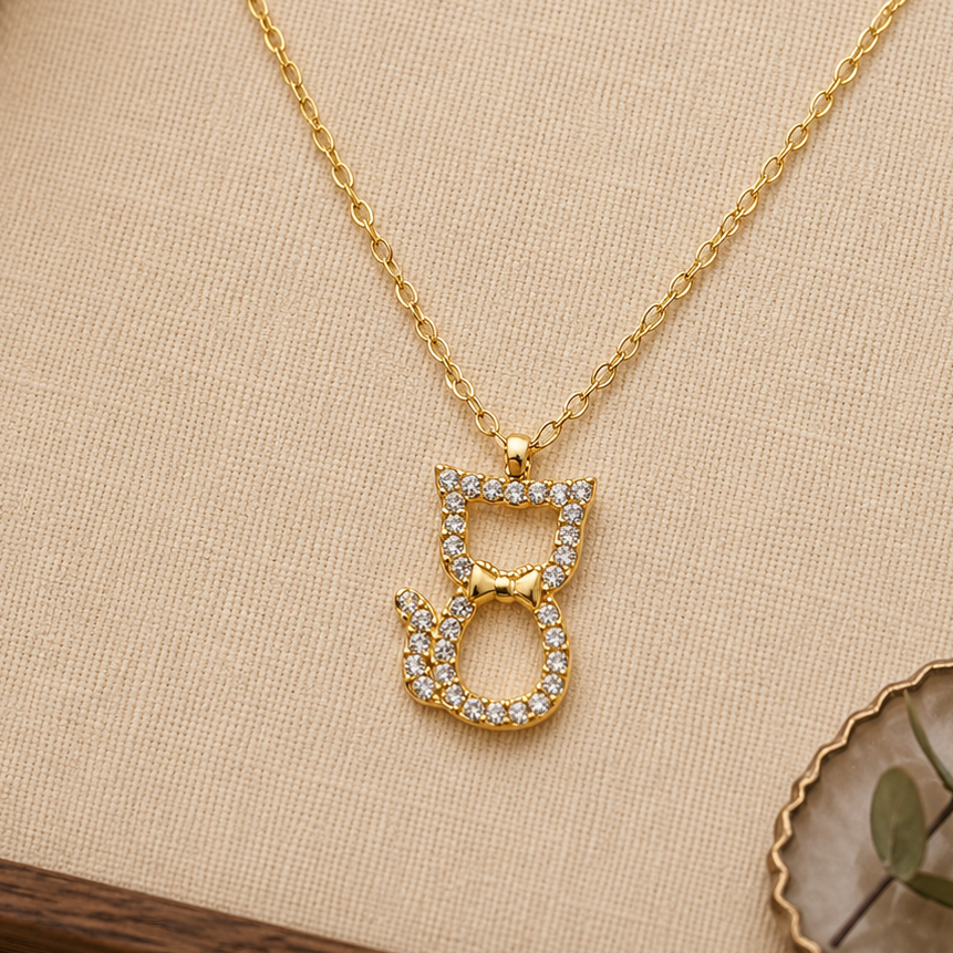 Collar de Acero Inoxidable Gatito con Circonitas Dorado